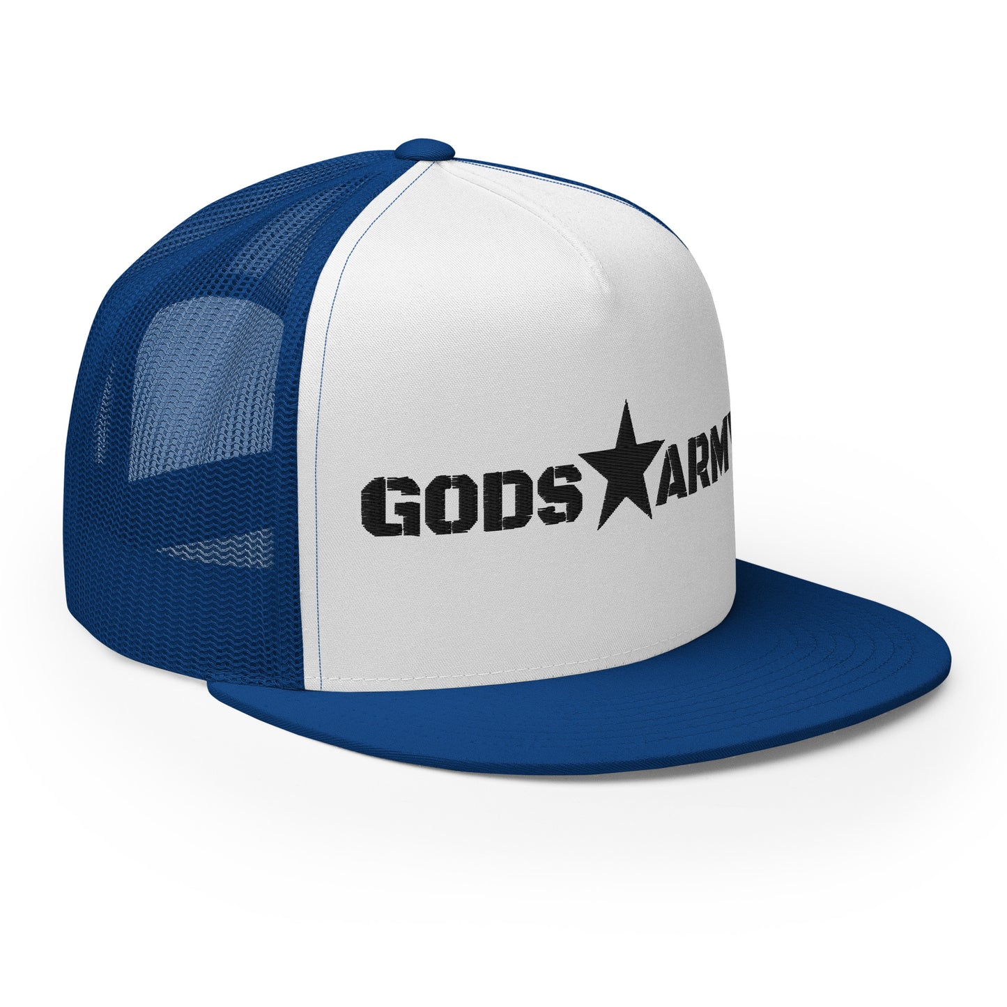 GODS ARMY - TRUE NORTH COLLECTION - Black on White on Royal Blue Back - Open Back Trucker Cap