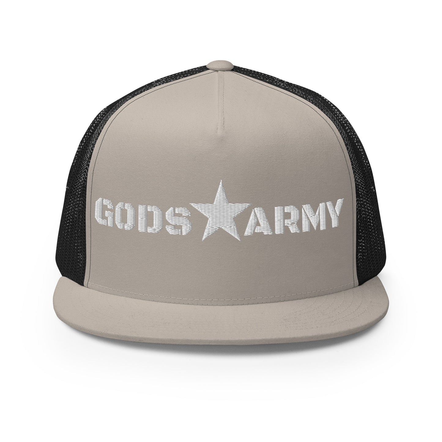 GODS ARMY - TRUE NORTH COLLECTION - White on Silver on Black Back - Open Back Trucker Cap