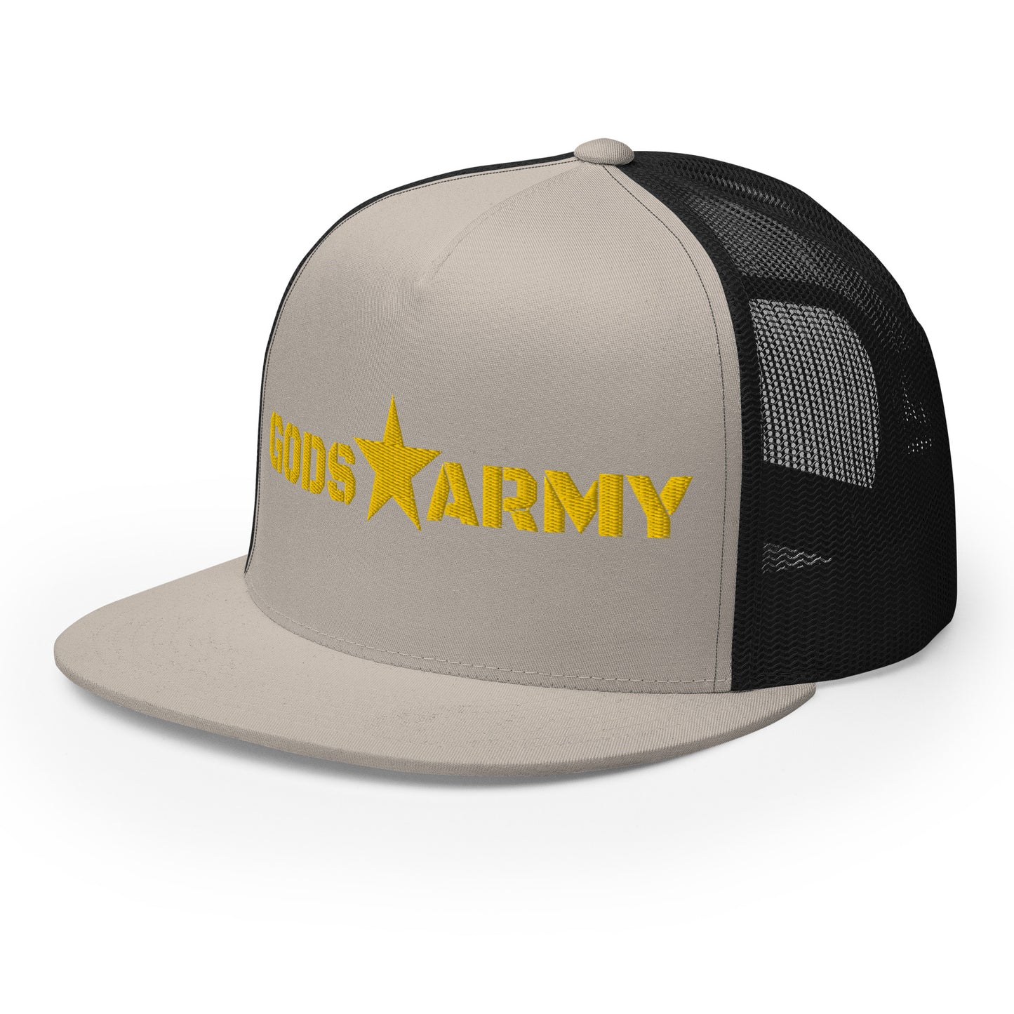 GODS ARMY - TRUE NORTH COLLECTION - Gold on Silver on Black Back - Open Back Trucker Cap