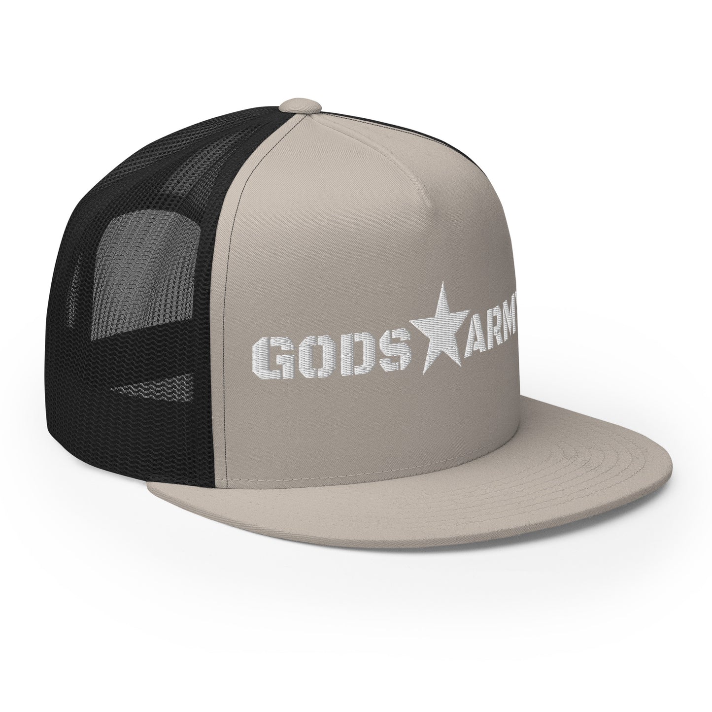 GODS ARMY - TRUE NORTH COLLECTION - White on Silver on Black Back - Open Back Trucker Cap
