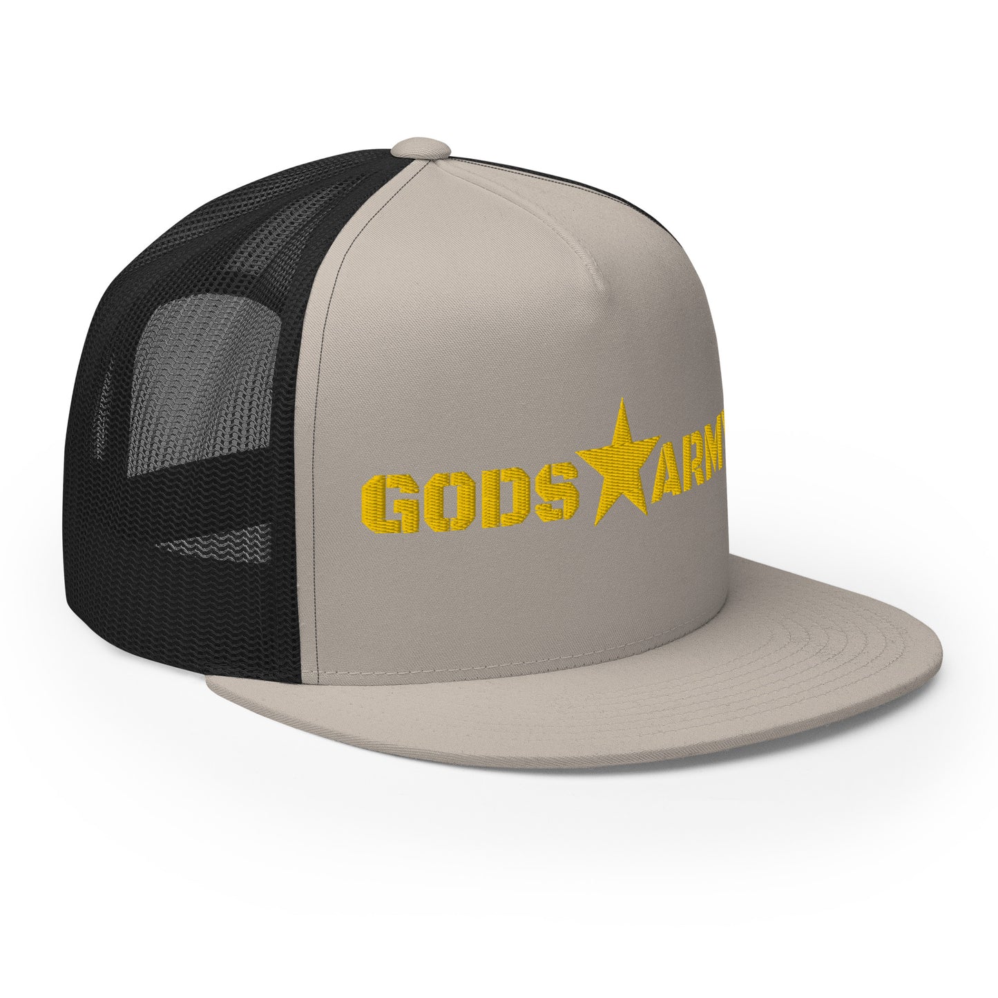 GODS ARMY - TRUE NORTH COLLECTION - Gold on Silver on Black Back - Open Back Trucker Cap