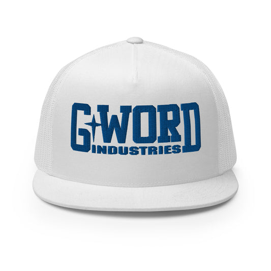 GWORD INDUSTRIES - THE LIVING TRUTH COLLECTION - Blue on White on White Back - Open Back Trucker Cap