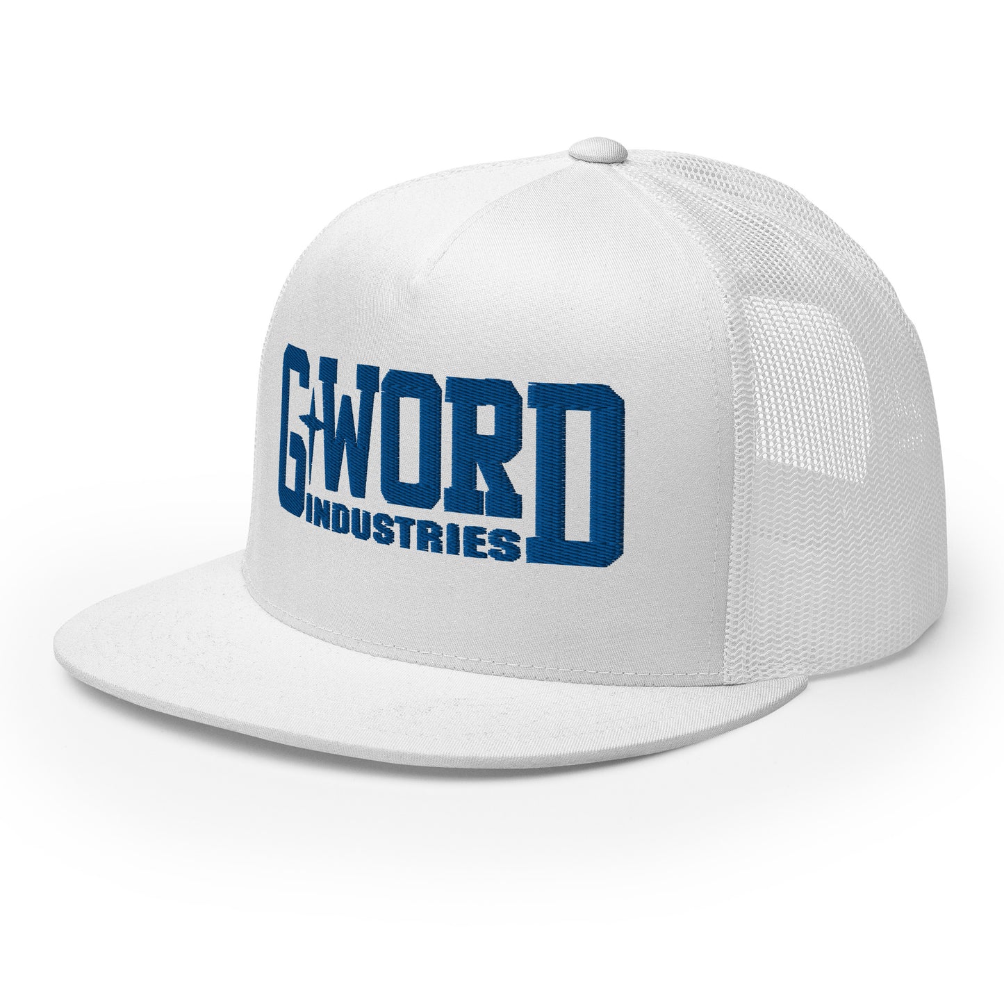 GWORD INDUSTRIES - THE LIVING TRUTH COLLECTION - Blue on White on White Back - Open Back Trucker Cap