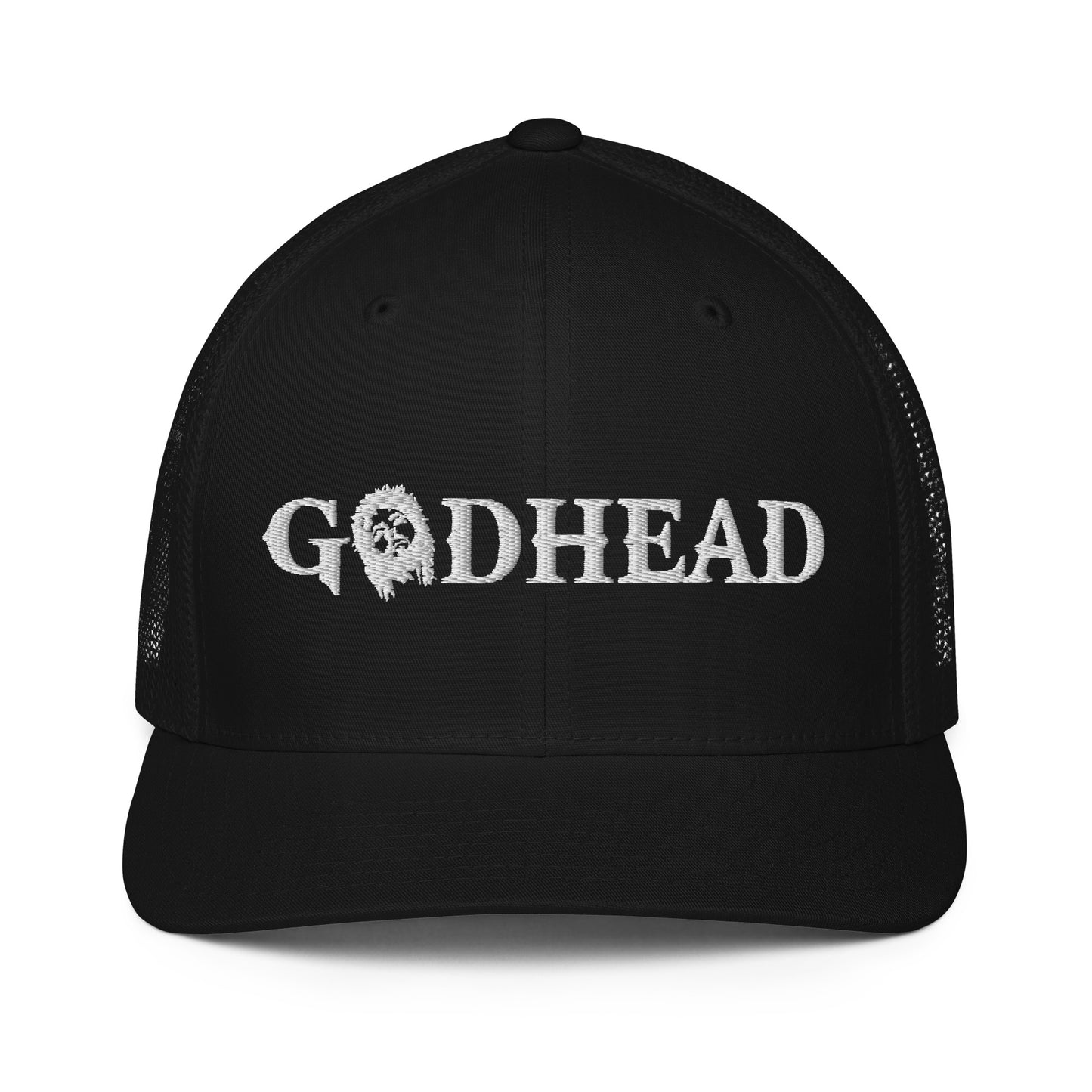 GODHEAD - CHRIST COLLECTION - WHITE on BLACK with BLACK BACK - Closed Back Trucker Cap