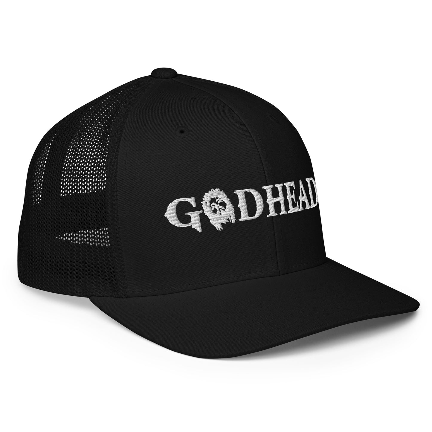 GODHEAD - CHRIST COLLECTION - WHITE on BLACK with BLACK BACK - Closed Back Trucker Cap