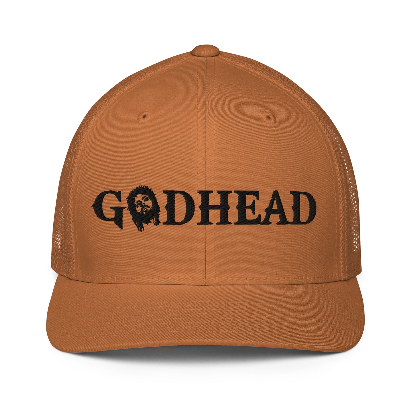 GODHEAD - CHRIST COLLECTION - BLACK on CARAMEL - Closed Back Trucker Cap