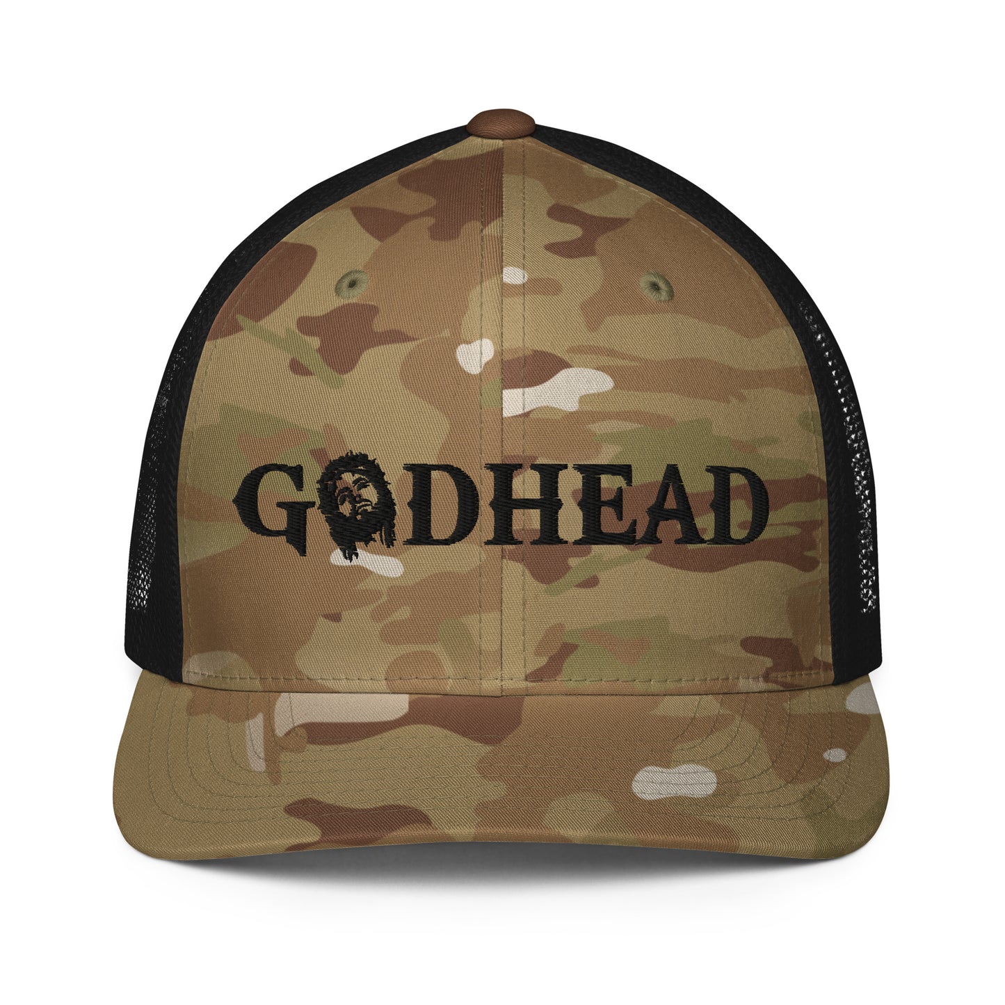 GODHEAD - CHRIST COLLECTION - BLACK on CAMO with BLACK BACK - Closed Back Trucker Cap