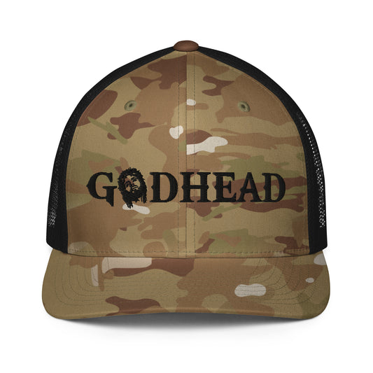 GODHEAD - CHRIST COLLECTION - BLACK on CAMO with BLACK BACK - Closed Back Trucker Cap