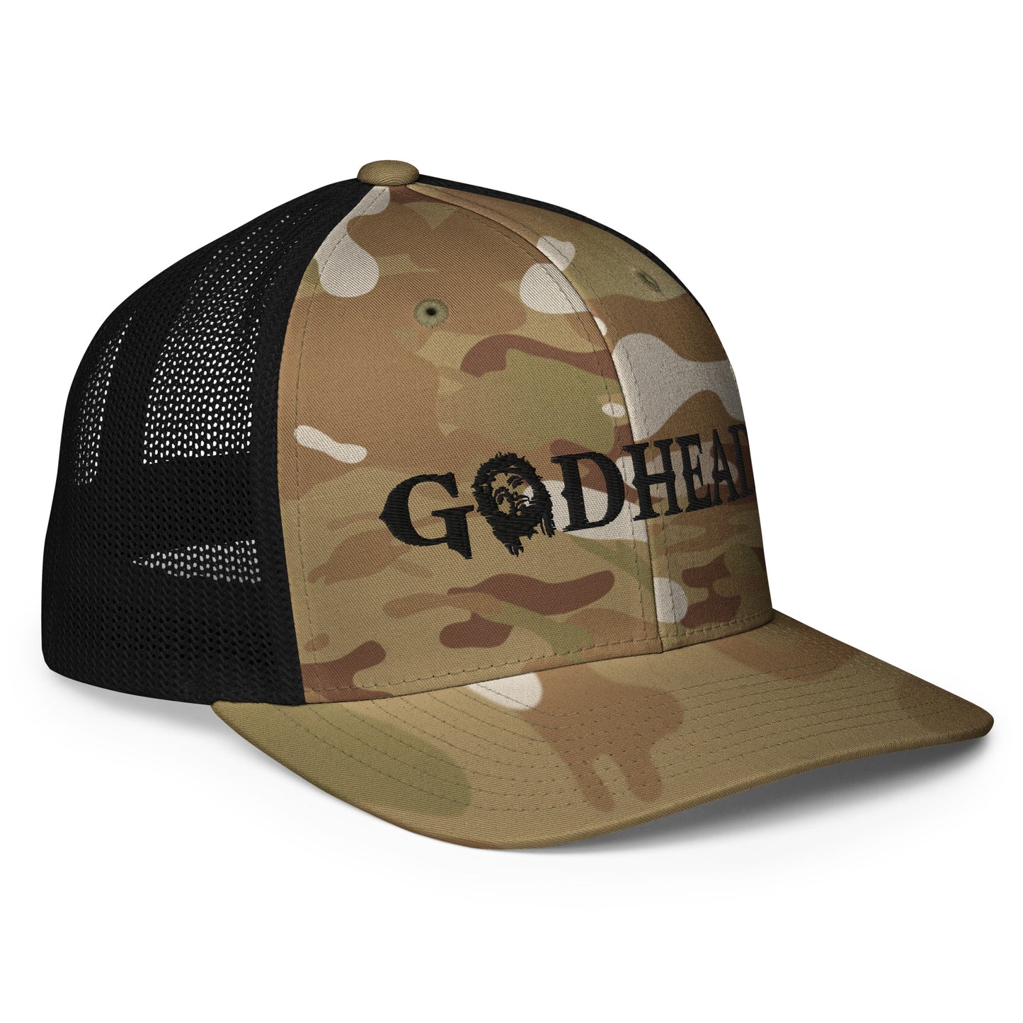 GODHEAD - CHRIST COLLECTION - BLACK on CAMO with BLACK BACK - Closed Back Trucker Cap